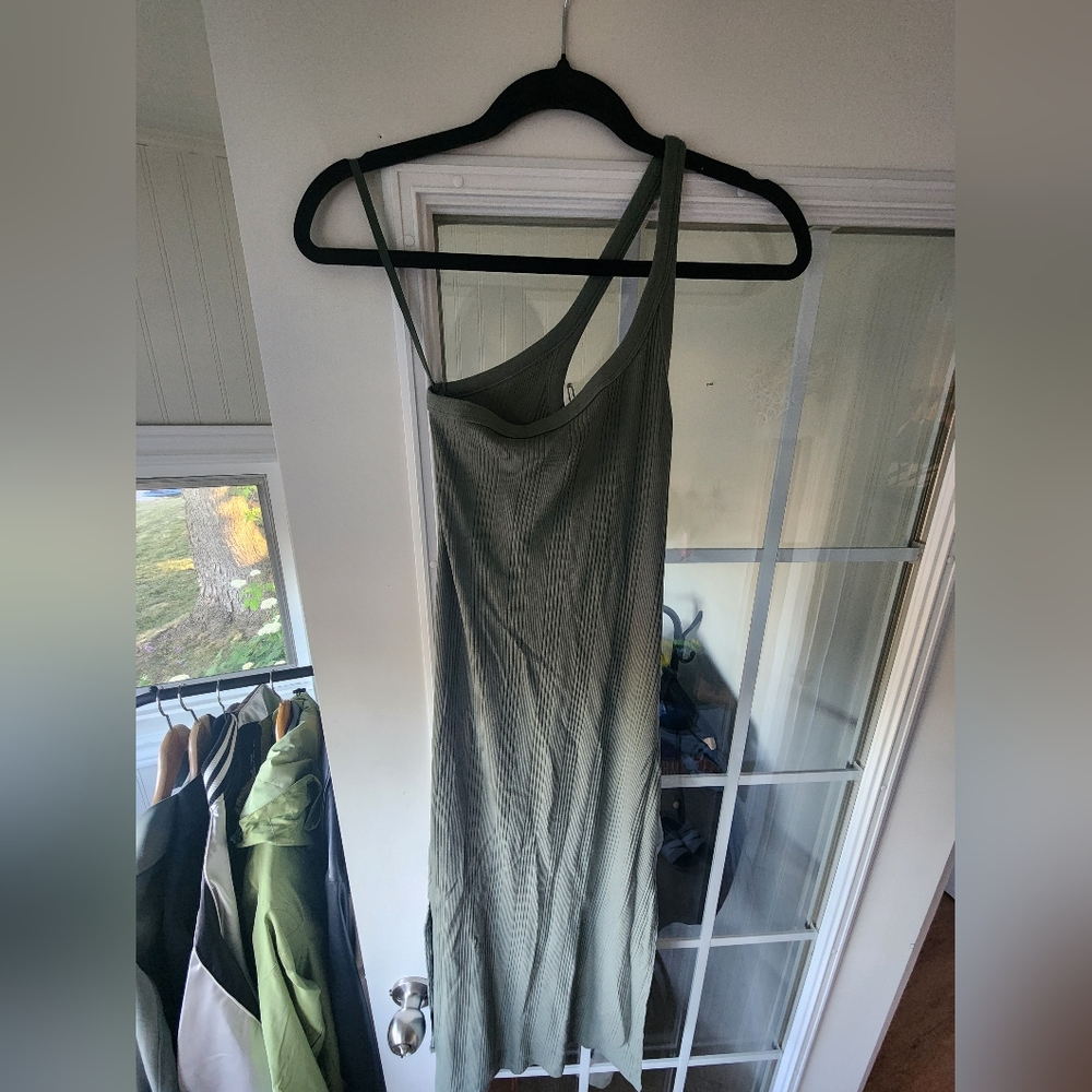 Aerie Green Ribbed One Shoulder Slip Dress
